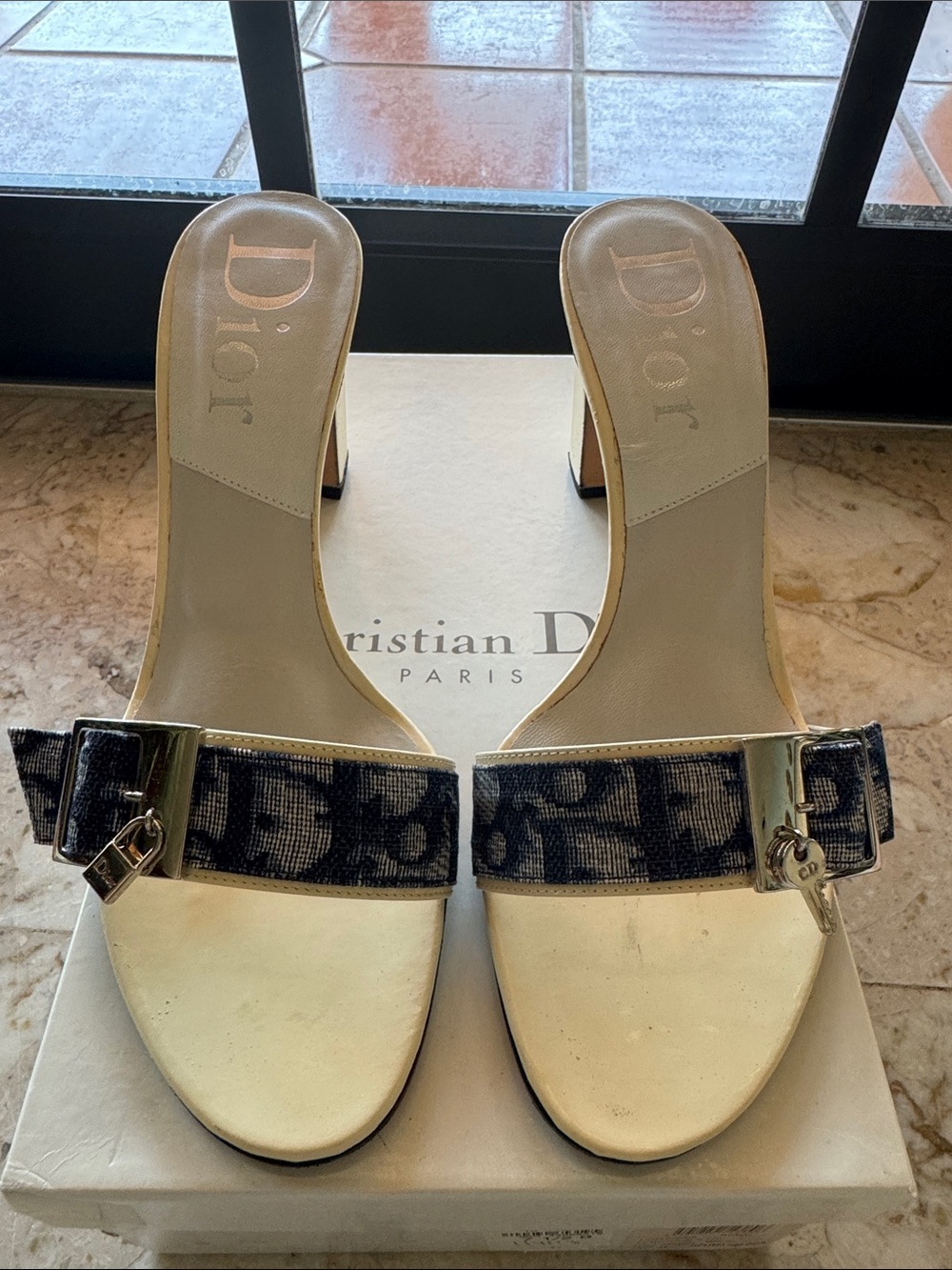 Dior Cream and Navy Logo Buckle Slide Sandals